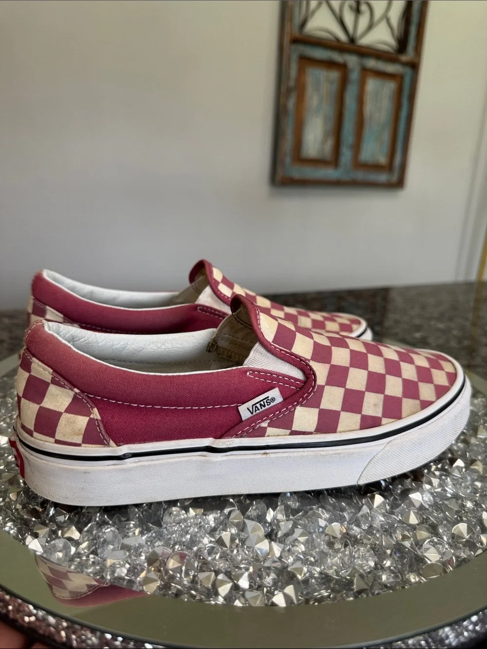 Vans Slip-On Checkerboard Pink and Cream Canvas Loafers